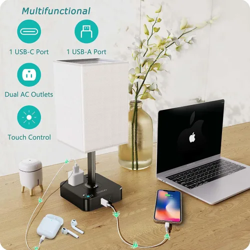 Vista 8 de cozoo Lámpara de mesa de noche con 3 niveles de brillo, lámpara de mesa regulable con puertos de carga USB C+A, 2 salidas de CA, lámpara de mesita