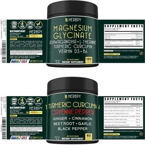 Vista 8 de HERBPY Paquete de suplemento de glicinato de magnesio 6 en 1 y paquete de 2 suplementos de curcumina 7 en 1 - Apoya el día y la noche reparadores