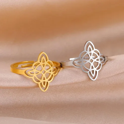Vista 8 de Dreamtimes Anillo de nudo de bruja para mujer, de acero inoxidable, con barra abierta, ajustable, celta, cuaternario, nudo de bruja, amuleto