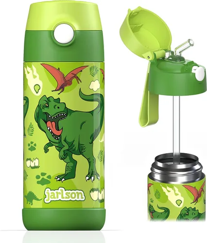 Vista 19 de Jarlson® CHARLI - Botella de agua para niños [12 onzas], botella térmica de acero inoxidable con pajilla, botella de agua aislada a prueba
