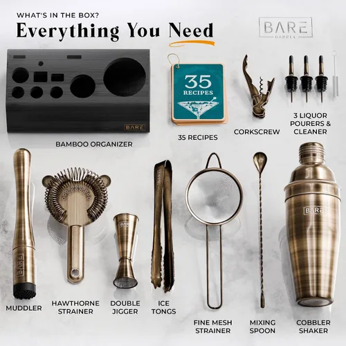 Vista 4 de Mixology Bartender Kit Bar Set Juego de coctelera de 14 piezas Herramientas de mezcla de Martini Barware para el hogar Incluye 35 tarjetas