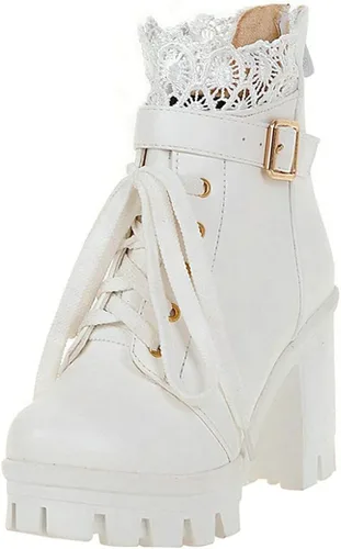 Vista 3 de BEAUPAS Botas de tacón alto con plataforma gruesa para mujer, con cordones, estilo gótico, tacón de bloque, zapatos punk (blanco, 8), Blanco