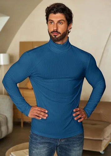 Vista 7 de COOFANDY Camisetas de manga larga con cuello alto para hombre, ajustadas, acanaladas, básicas, suéter de punto ligero