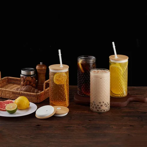 Vista 6 de Hyperspace Paquete de 4 vasos de vidrio con tapas y pajitas de bambú, 24 onzas de boca ancha, botellas de viaje con variedad de patrones para uso