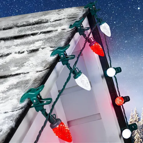 Vista 13 de Luces LED C9 de Navidad para exteriores, 68 pies, 100 luces LED de fresa con 100 abrazaderas de resorte, impermeable, grado comercial, extensible