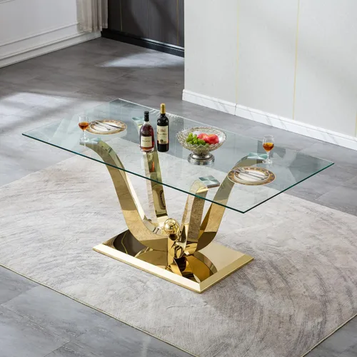 Vista 3 de Mesa de comedor moderna de vidrio de 70 pulgadas para 6-8, mesa de comedor de cristal dorado de lujo con base de acero inoxidable en forma de flores