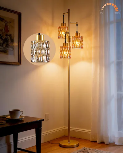 Vista 16 de Lámpara de pie moderna de cristal de 3 luces, lámpara alta de pie dorada con pantalla de vidrio de piña roja profunda, lámpara de pie LED regulable
