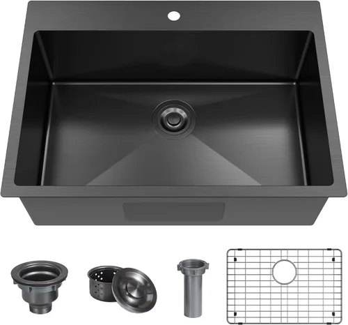Vista 7 de Fregadero de barra de cocina negro de 25 x 22 pulgadas, fregadero de cocina pequeño, fregadero de cocina de un solo tazón, fregadero de barra