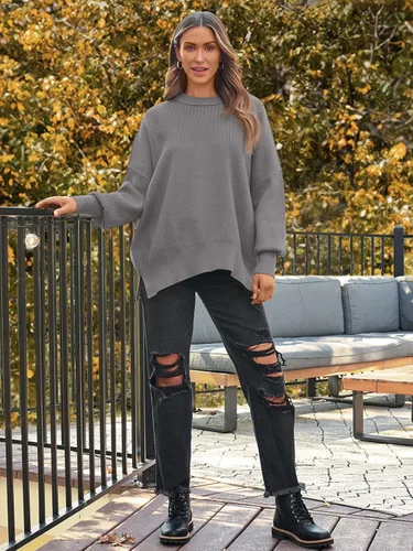 Vista 249 de Lillusory - Suéter extragrande con mangas de murciélago y cuello redondo para mujer, prenda moderna de otoño de tejido de punto sin botones