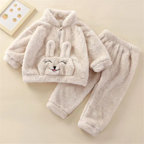 Vista 4 de TBUIALL Ropa de otoño e invierno para niñas pequeñas, recién nacidos, bebés, niños y niñas, lindo oso conejito de franela, ropa para el hogar