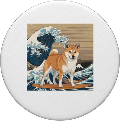 Vista 3 de Shiba Inu Japanese Kanagawa Wave Surfing Dog Lover PopSockets Adhesive PopGrip