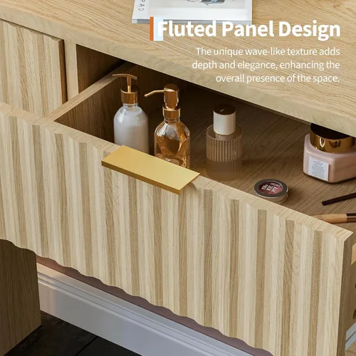 Vista 2 de Fluted Vanity Desk with Mirror and Lights, Makeup Vanity with 2 Drawers, 3 Lighting Modes Adjustable Brightness, Dressing Table for Bedroom, Natural