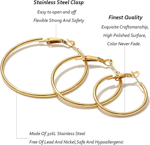 Vista 3 de Juego de 6 pares de aretes de aro chapados en oro de acero inoxidable para mujeres y niñas aros hipoalergénicos para mujer 304050in Acero inoxidable