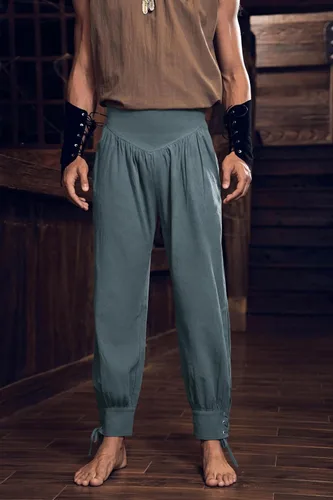 Vista 2 de Pantalones de tobillo medievales para hombre, disfraz de pirata vikingo, renacentista, con cordones, con bandas cónicas