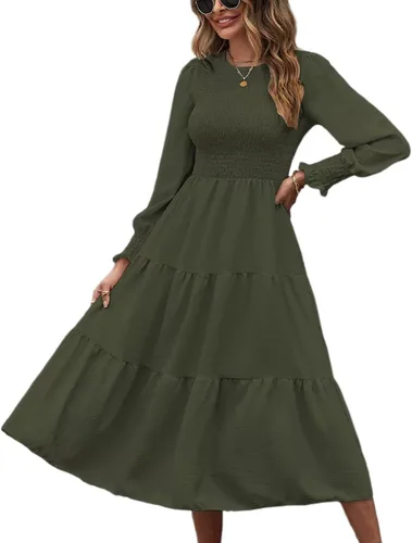 Vista 5 de SEBOWEL Vestido largo de manga larga con cuello redondo para mujer, con volantes escalonados, acampanado, vestido fluido para fiesta de cóctel