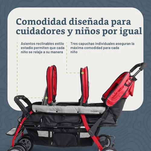 Vista 6 de Gaggle by Foundations Compass - Cochecito triple de 3 asientos, freno de pie, ruedas todo terreno que absorben golpes, fácil de plegar, color negro