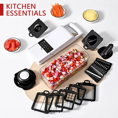 Vista 6 de Picador de verduras 25 en 1 con 13 cuchillas, cortador de mandolina, picador de alimentos con recipiente, rallador de queso, picador de cebolla