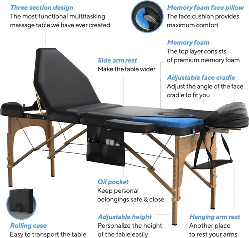 Vista 4 de Mesa de masaje de espuma viscoelástica prémium de 3 secciones con estuche de viaje rodante, fácil de instalar (negro (A))