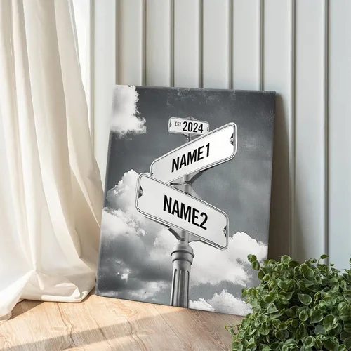 Vista 3 de Lienzo de letrero de calle vintage personalizado para parejas, nombre y fecha personalizados con tema de nube en blanco y negro, regalo de boda