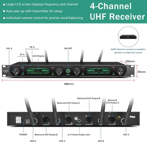 Vista 5 de Sistema de Micrófono Inalámbrico, Micrófono Profesional UHF de 4 Canales, Empareja Automáticamente Micrófono Inalámbrico de Metal con 4 Micrófonos