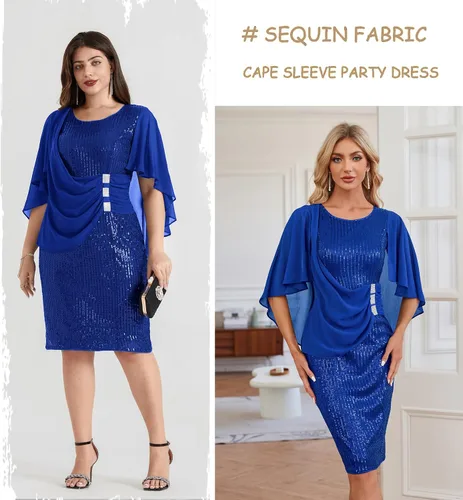 Vista 2 de Hanna Nikole Vestido de fiesta de lentejuelas para mujer, talla grande, de gasa, manga de capa, vestido midi de cóctel 2024
