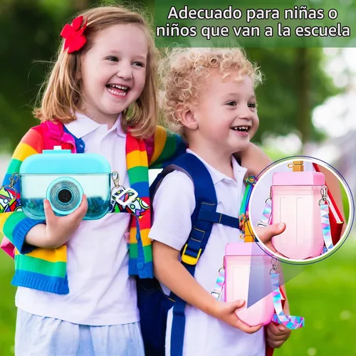 Vista 4 de 3 botellas de agua con pajitas creativas Kawaii en forma de cámara de helado, sandía, correa ajustable, botella de agua de plástico para viajes