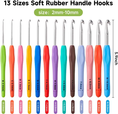 Vista 2 de INSCRAFT Juego de 67 piezas de ganchos de ganchillo, 13 piezas de 2 mm (B) - 10 mm (N) mangos ergonómicos de agarre suave para tejer con agujas