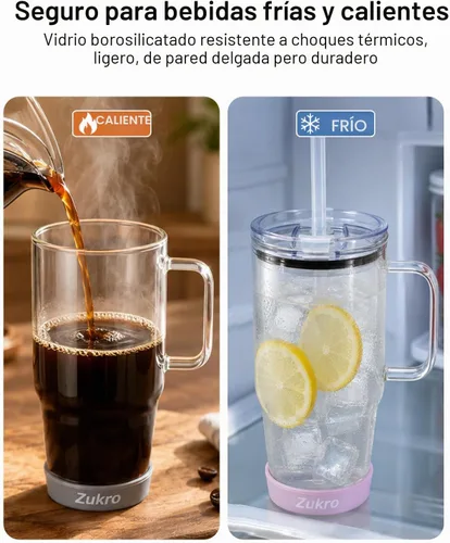 Vista 5 de Zukro Vaso de agua de vidrio de 32 onzas con asa y popote, tapa 2 en 1 a Azul oscuro