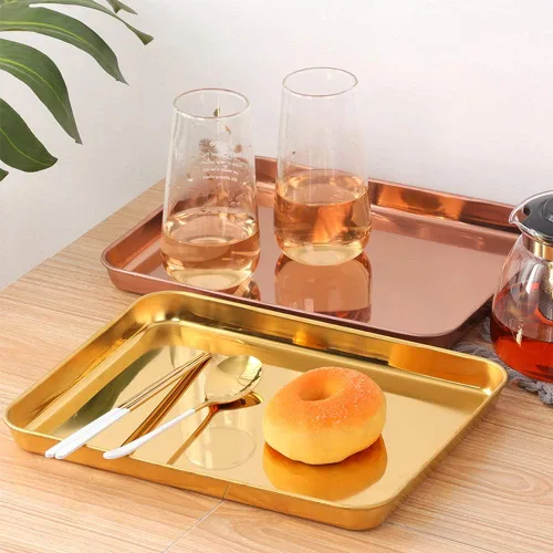 Vista 6 de Bandeja de acero inoxidable para mesa de café, plato de barbacoa, postre, plato de frutas, bandejas de desayuno, accesorios de cocina, oro rosa