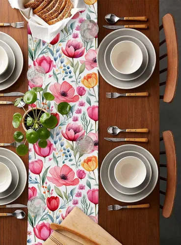 Vista 5 de Camino de mesa de primavera, decoración de mesa de tulipán de acuarela, decoración de mesa de temporada, hojas botánicas florales, bufandas