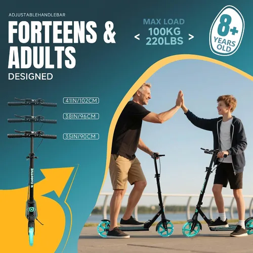 Vista 2 de Patinete para niños de 8+ años, adolescentes y adultos, con freno de mano delantero y freno trasero, y manillar ajustable, ruedas grandes
