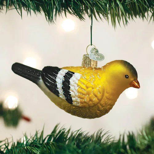 Vista 2 de Old World Christmas Adorno de cristal soplado de jilguero americano para árbol de Navidad, decoración navideña artesanal, colección de observadores