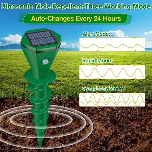 Vista 4 de Repelente de topos alimentado por energía solar, paquete de 2 repelente ultrasónico de gopher IP65 impermeable para césped, jardín, patio, repelente