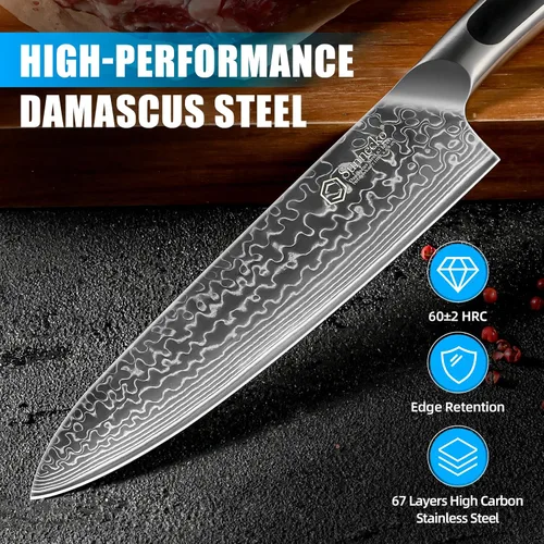 Vista 2 de Sunnecko Juego de Cuchillos de Cocina Damascus de 3 Piezas, Juego de Cuchillos de Chef Afilados Juegos de Cuchillos de Cocina Profesionales Full