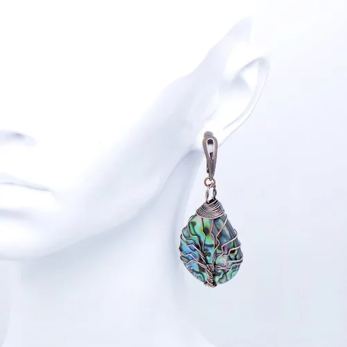 Vista 2 de Aretes de árbol de la vida de concha de abulón marino con alambre de cobre de bronce para mujer, cierre vintage