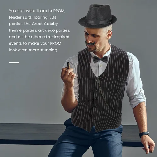 Vista 3 de Disfraz de los años 20 para hombre atuendo con accesorios chaleco de gángster de Gatsby sombrero de fieltro reloj de bolsillo vintage tirantes
