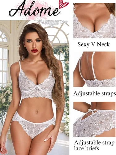 Vista 3 de ADOME Conjunto de lencería de encaje para mujer con sujetador y bragas con tirantes, body babydoll, tallas S-XXL