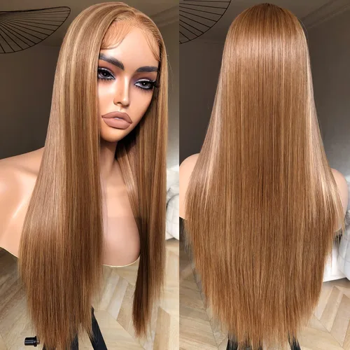 Vista 2 de BrownBomb Peluca de Encaje Frontal Rubio Miel - Pre Depilada, Lista para Usar, HD Sin Pegamento 13X5X1 - Peluca Sintética Lisa con Mechas