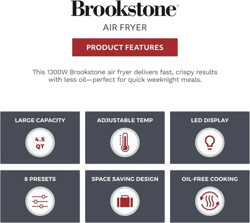 Vista 12 de Freidora de aire Brookstone – 4.5 QT, freidora de gran capacidad de 1300W con pantalla LED, 8 ajustes preestablecidos, temperatura ajustable