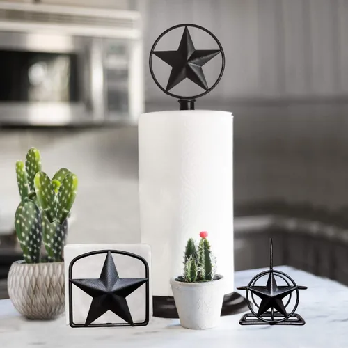 Vista 7 de Servilletero rústico negro con estrella de Texas – Servilleteros de hierro de metal primitivo para encimera de cocina, soporte de estilo occidental