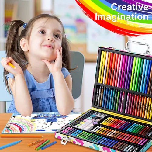 Vista 8 de Suministros de arte, juego de 180 piezas para dibujar y pintar para niños, niñas, niños, adolescentes, juego de arte para colorear con estuche