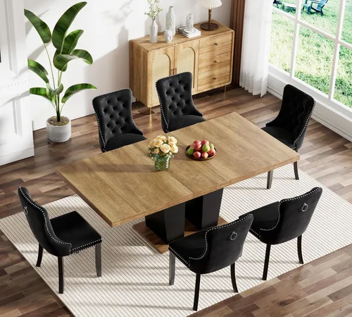 Vista 2 de Henf Juego de mesa de comedor extensible de 78 pulgadas para 6 mesas rectangulares de madera de 7 piezas con 6 sillas tapizadas de terciopelo, mesa
