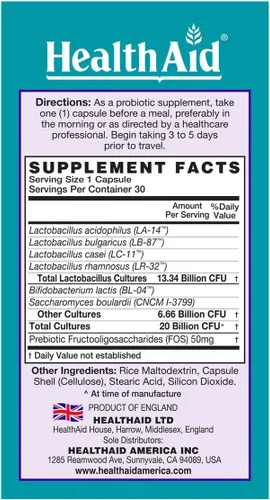 Vista 2 de HealthAid TravelProbio - Probiótico de 20 mil millones de UFC – Saccharomyces boulardii + Prebiótico (FOS), resistente a ácidos y bilis – Vegano una