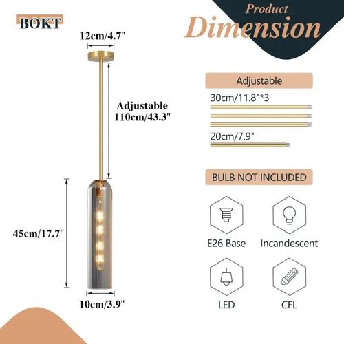 Vista 3 de BOKT Moderna lámpara colgante de cristal, lámpara nórdica de tubo largo, lámpara colgante ajustable de mediados de siglo, iluminación colgante