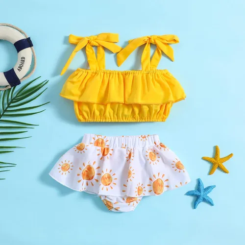 Vista 3 de Traje de baño de dos piezas con estampado de sol para bebé niña con volantes