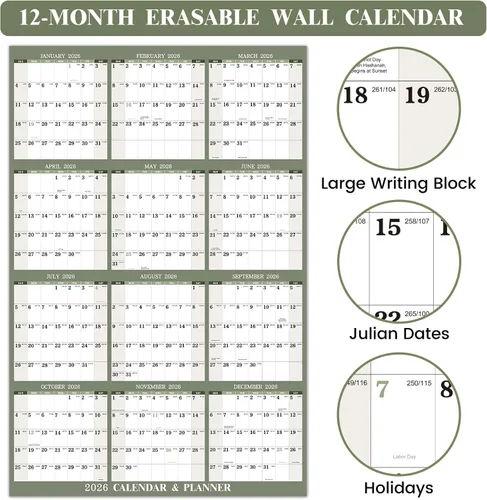 Vista 3 de Calendario anual de pared 2026 – Calendario de borrado en seco 2026 para pared, 34.6 x 22.9 pulgadas, enero 2026 a diciembre de 2026, calendario