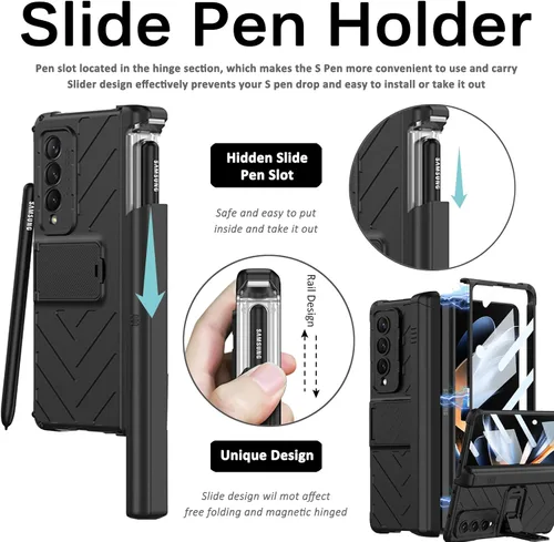 Vista 4 de Miimall Funda compatible con Samsung Galaxy Z Fold 4 con soporte para bolígrafo, protector de pantalla de vidrio templado integrado + función atril