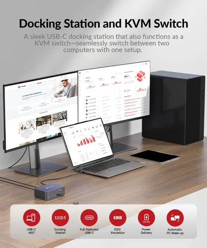 Vista 2 de Conmutador KVM AV Access 2 Monitores 2 Computadoras con Ethernet, EDID, 4K@60Hz/2K@144Hz/1080P@240Hz, Estación de acoplamiento KVM de monitor dual