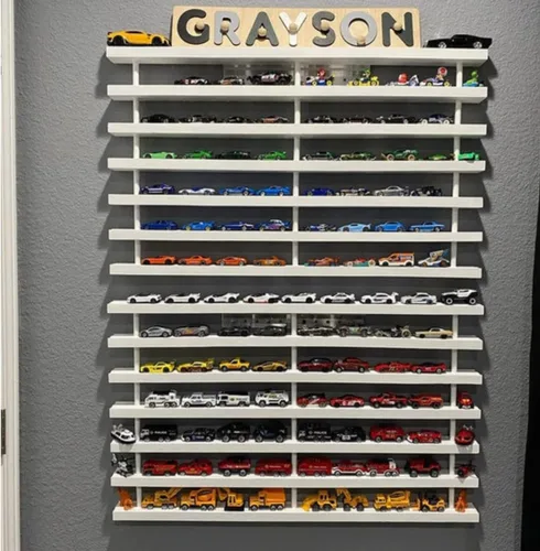Vista 4 de Estante para coches de juguete hecho a mano compatible con (Hot Wheels y Matchbox) Coches de roble