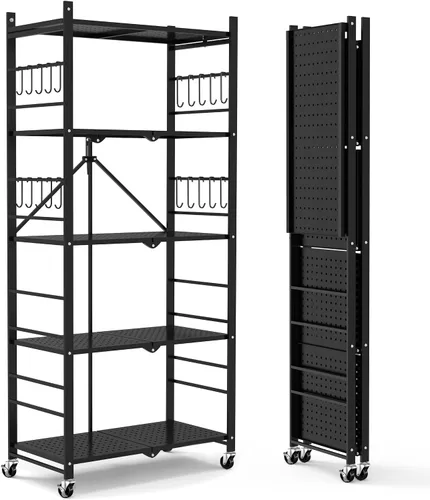 Vista 14 de Himix Estantes de almacenamiento con 6 ganchos, estante plegable de 3 niveles con ruedas, estantería de almacenamiento de metal, carrito rodante